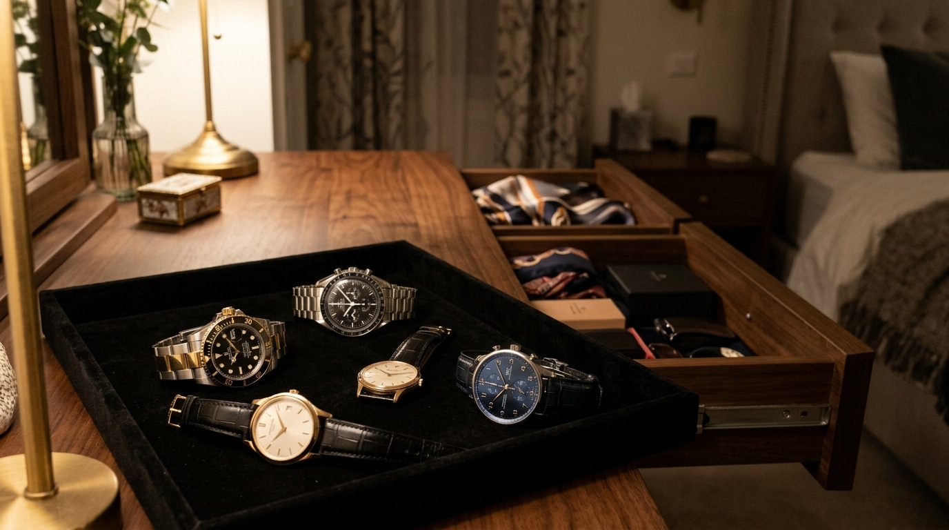 Montres de luxe volées sur un plateau vide