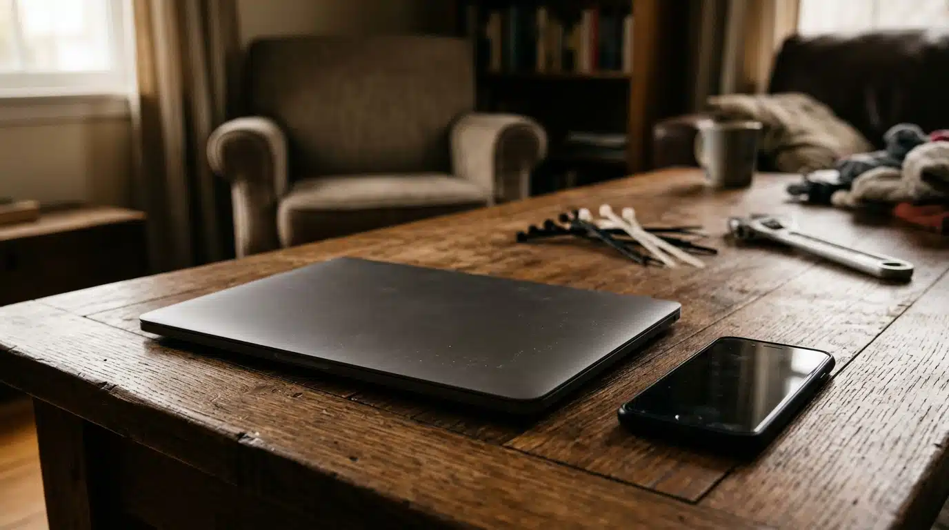 Ordinateur portable et téléphone posés sur une table