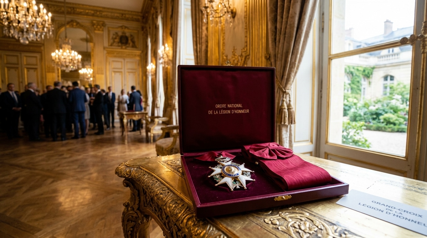 Écrin de la grand-croix de la Légion d'honneur dans un salon de l'Élysée