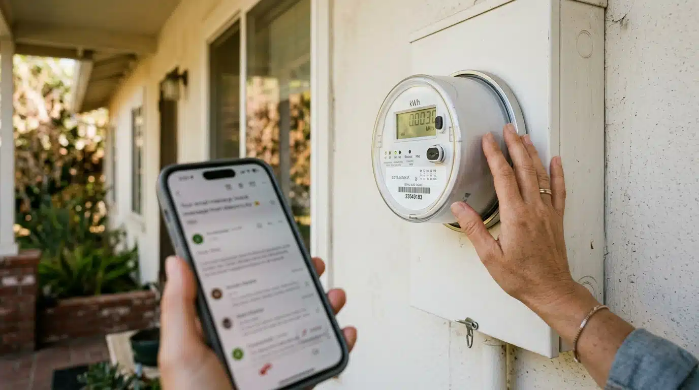 Compteur électrique blanc mural et main près d'un smartphone