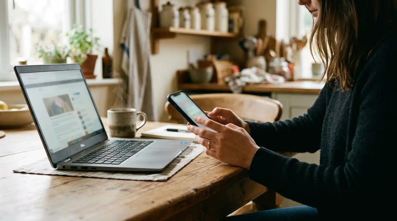 Mains tenant un smartphone près d'un ordinateur portable