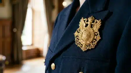 Insigne doré épinglé sur un uniforme de cérémonie