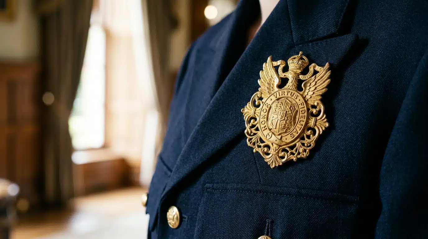 Insigne doré épinglé sur un uniforme de cérémonie