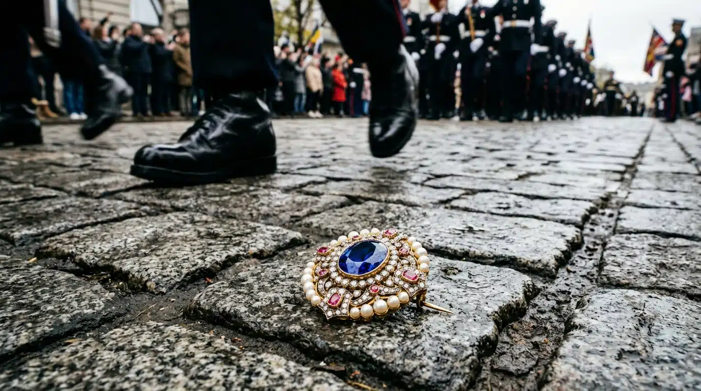 Broche bleue posée sur le pavé lors d'un défilé