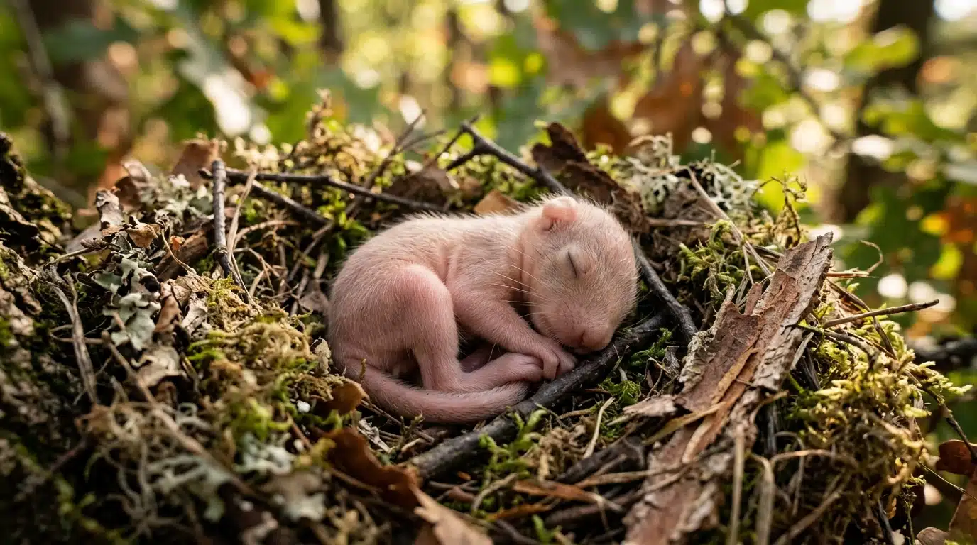 Minuscule bébé écureuil rose dans un nid de mousse