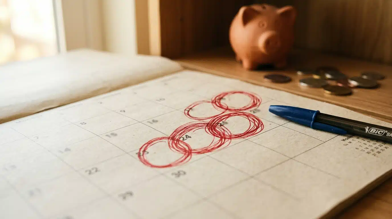 Calendrier papier avec fin de mois entourée au stylo rouge