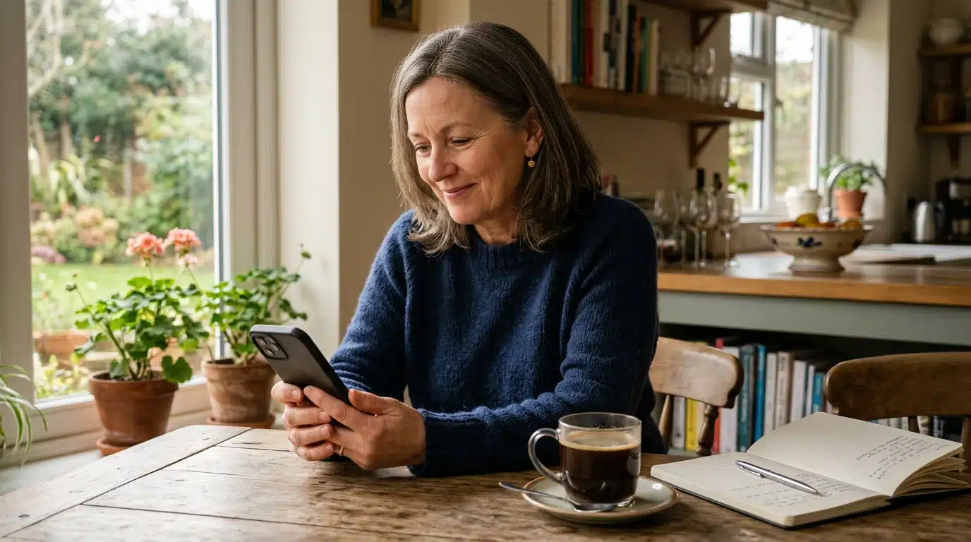 Adulte souriant consultant son smartphone à une table de cuisine
