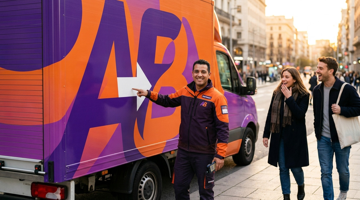 Livreur montrant la flèche cachée sur son camion violet et orange