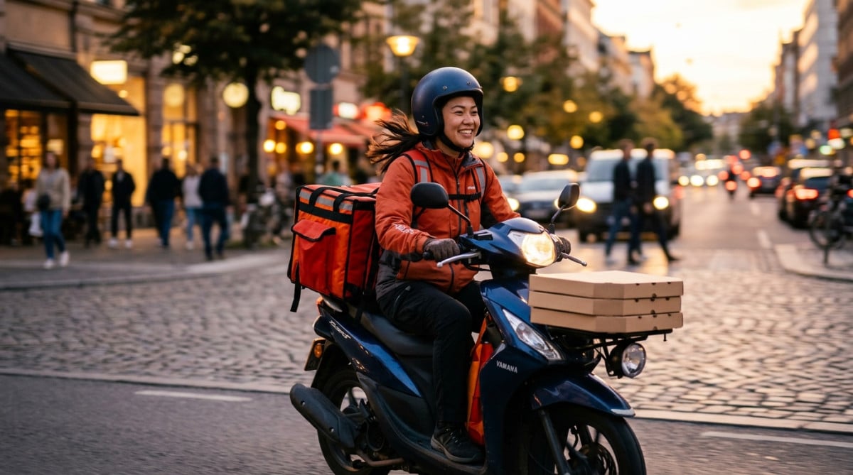Livreur souriant transportant une pile de boîtes à pizza