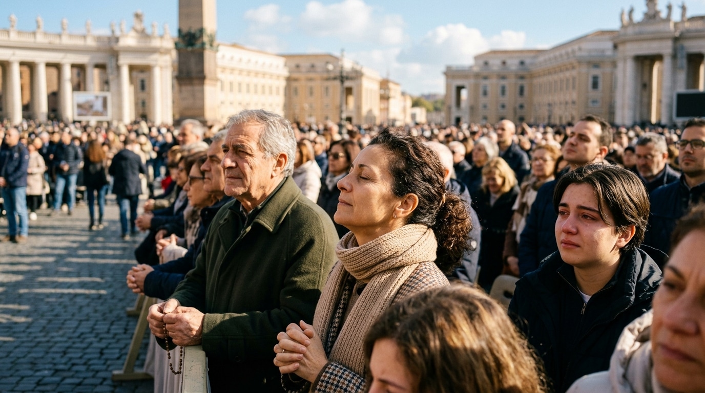 Fidèles recueillis sur une grande place un dimanche