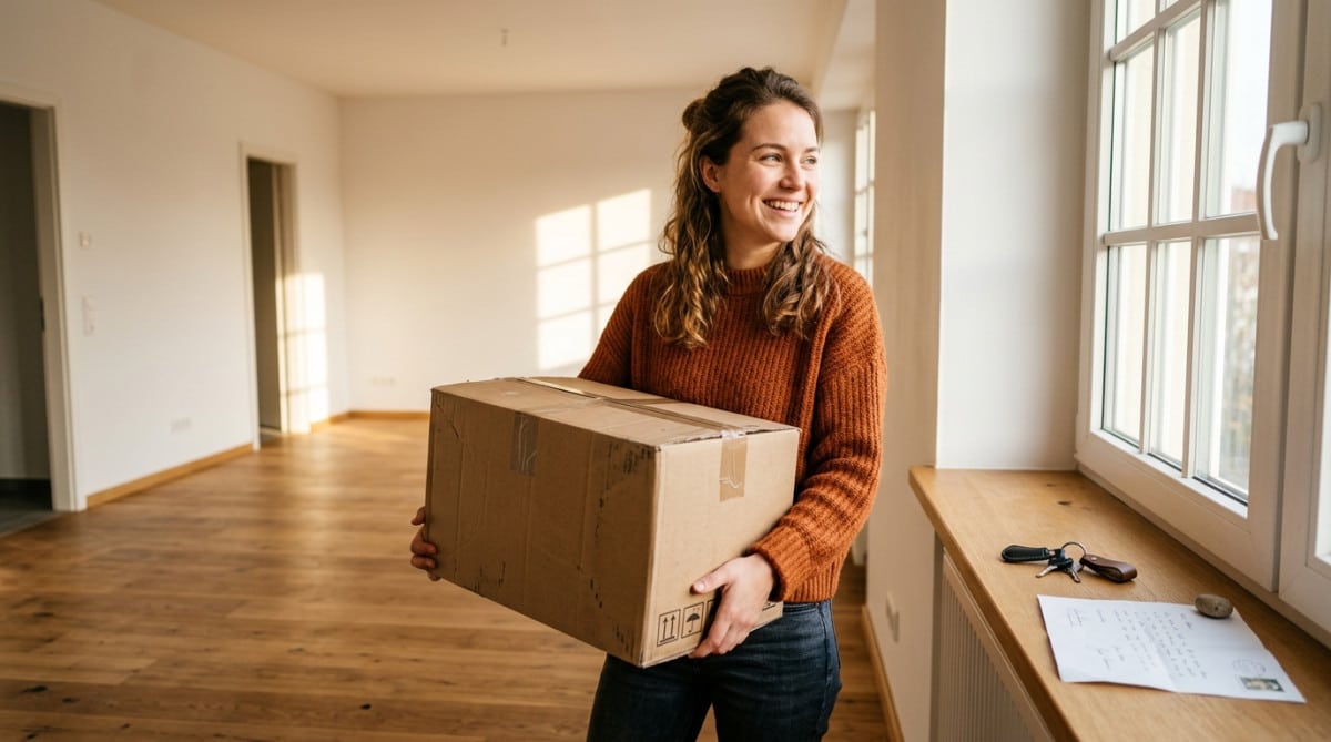 Locataire souriante dans un appartement vide avec un carton de déménagement