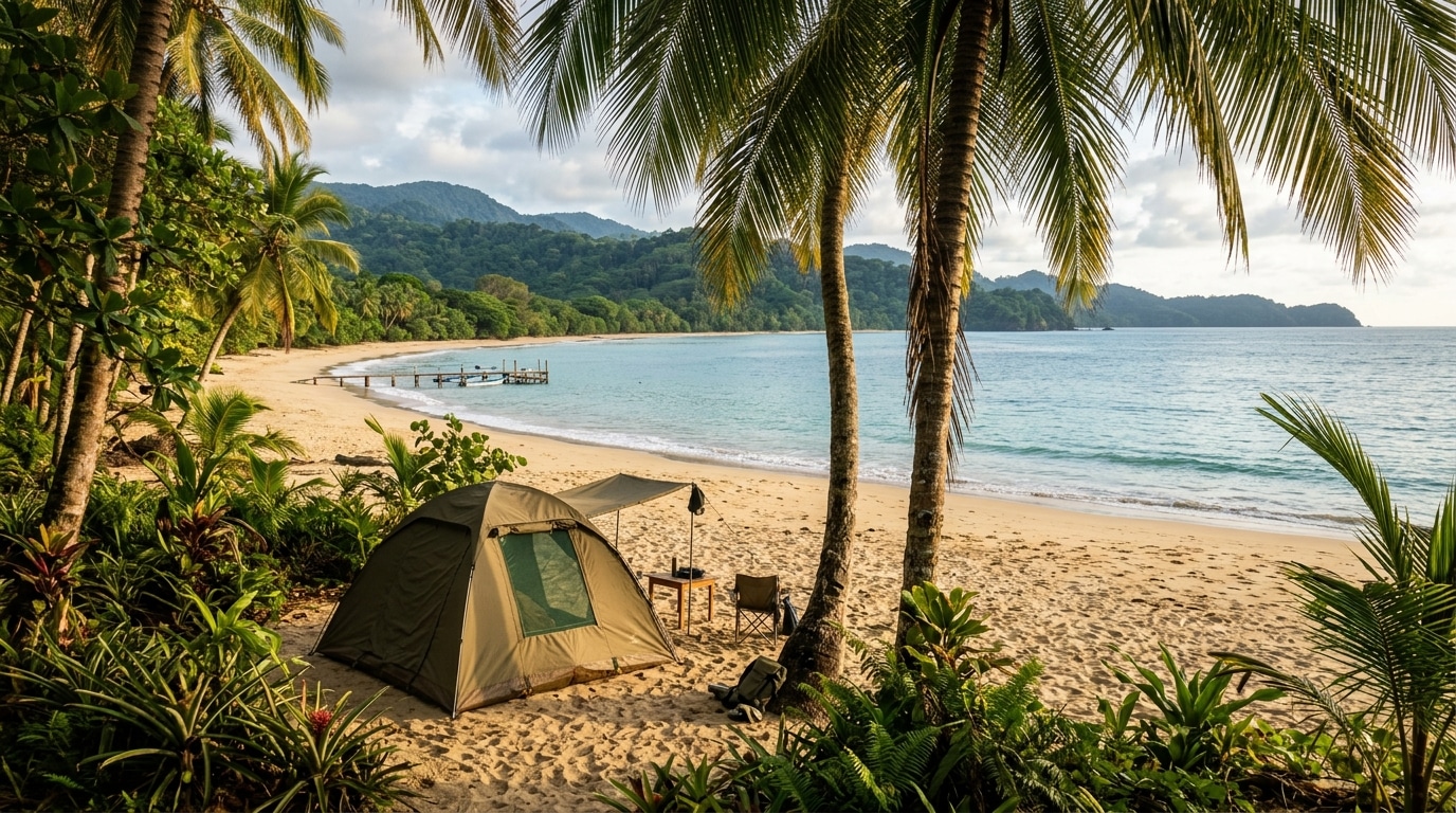 Plage tropicale avec tente sous les palmiers et ponton
