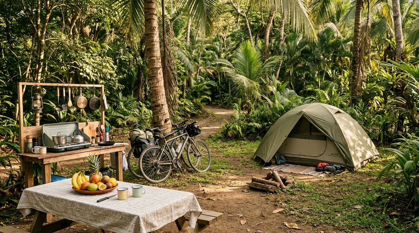 Zone de camping avec cuisine extérieure et vélos