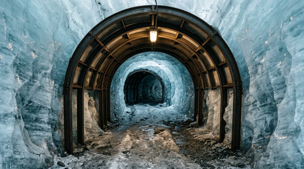 Long tunnel creusé dans la glace avec toit en acier
