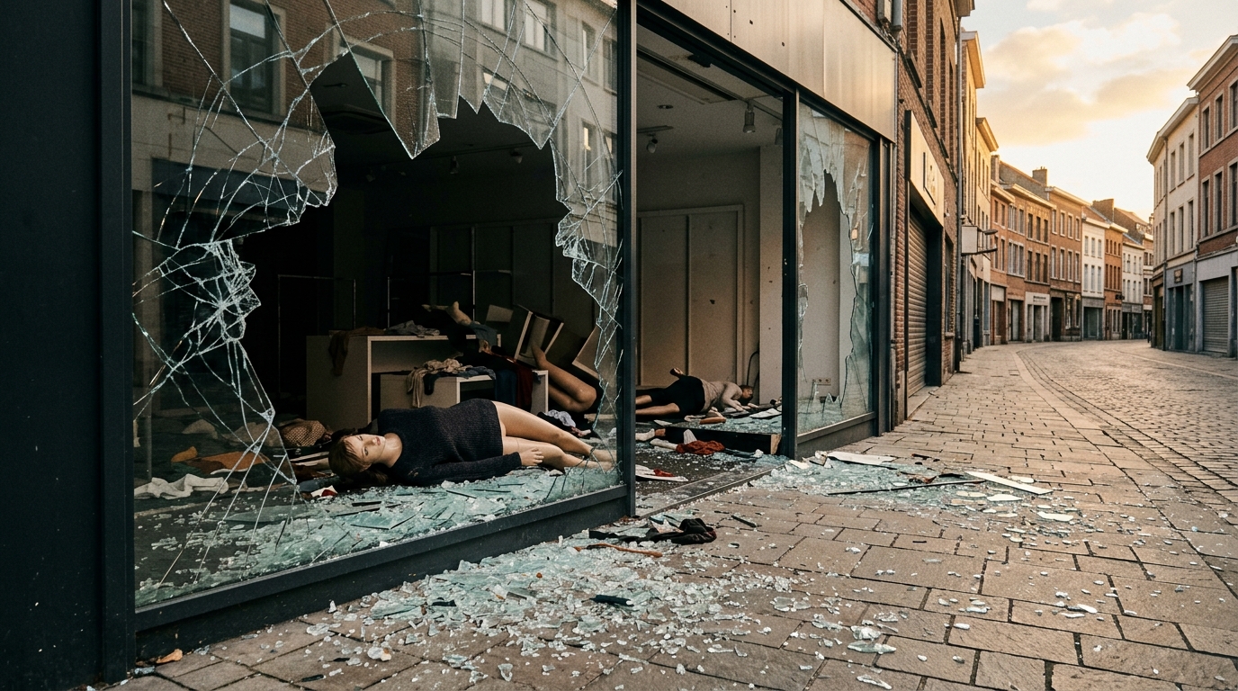 Vitrine fracassée et éclats de verre sur un trottoir