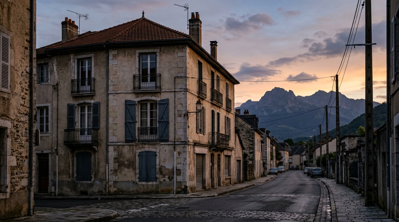 Immeuble d'habitation au crépuscule devant les montagnes