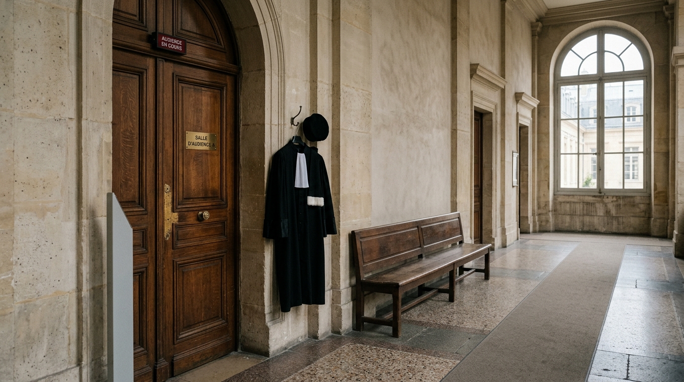 Porte de salle d'audience fermée et robe d'avocat