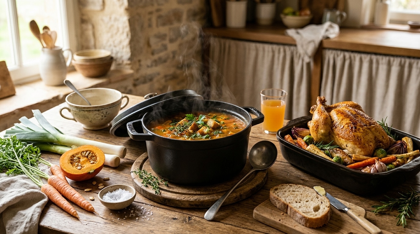 Cocotte de soupe fumante entourée de légumes d'automne