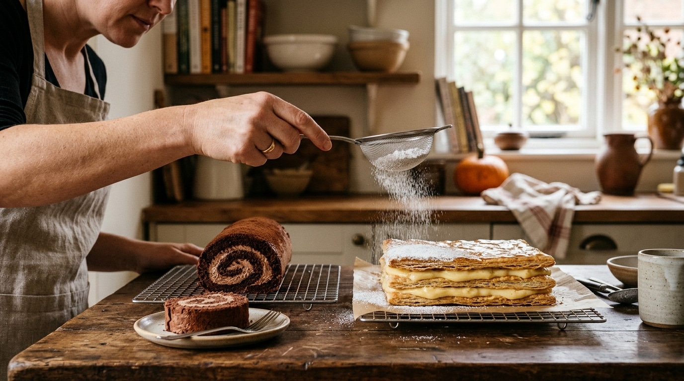 Roulé au chocolat et mille-feuille sur un plan de travail