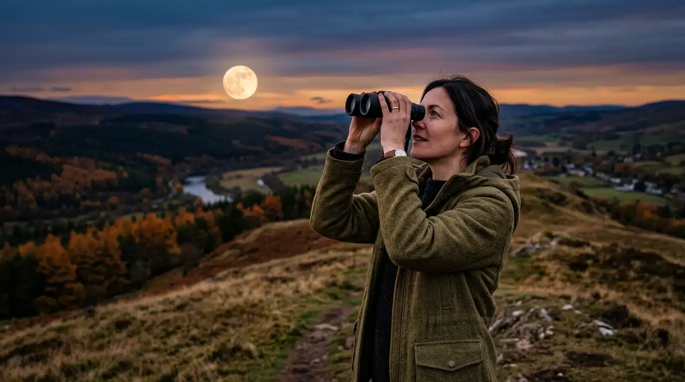 Observateur avec des jumelles regardant la pleine lune au crépuscule