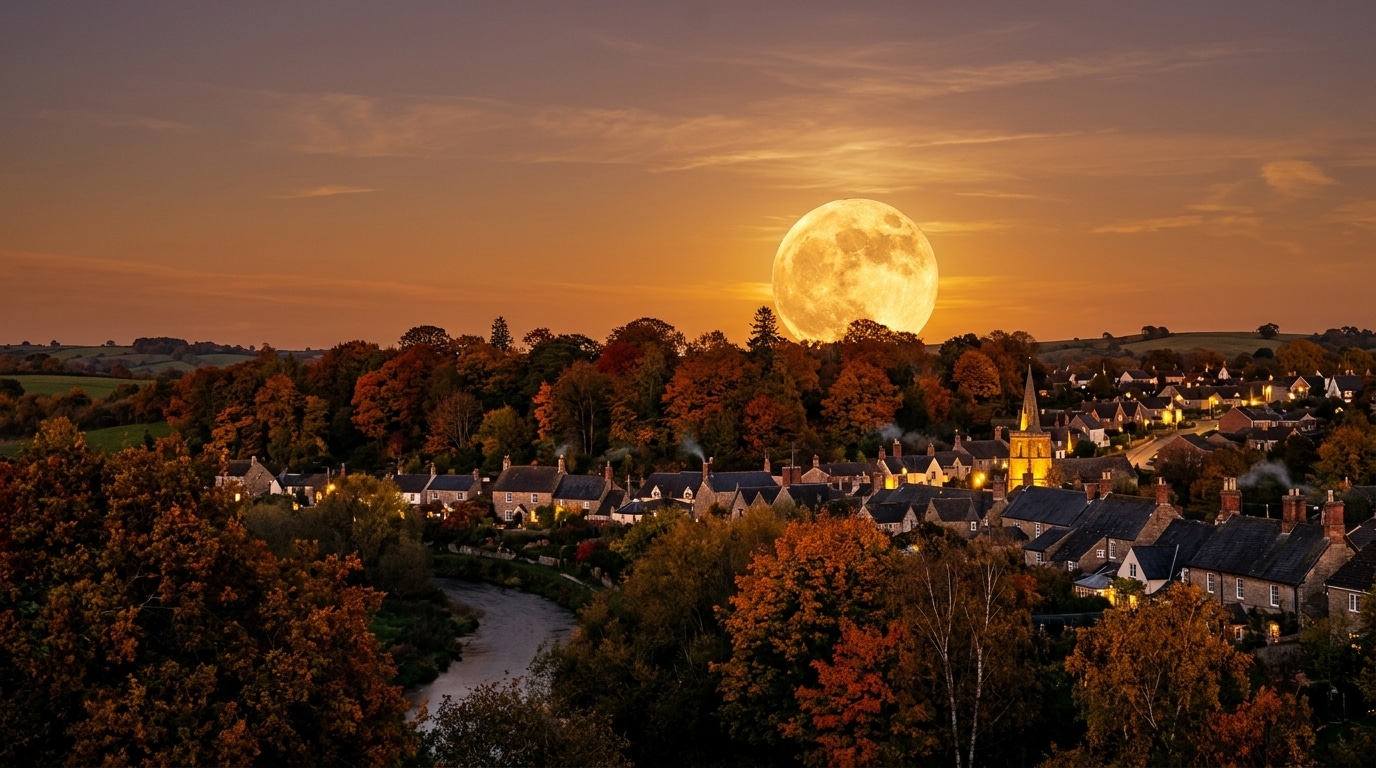Grande lune dorée se levant derrière des arbres d'automne