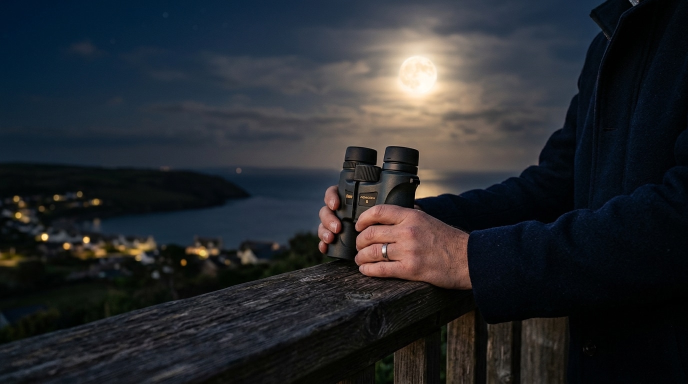 Jumelles posées sur une rambarde face à la pleine lune