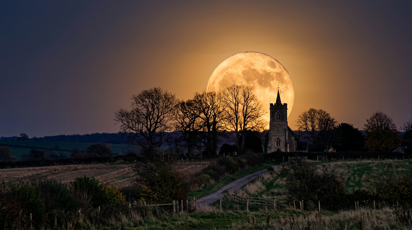 Grande pleine lune orangée se levant derrière des arbres nus