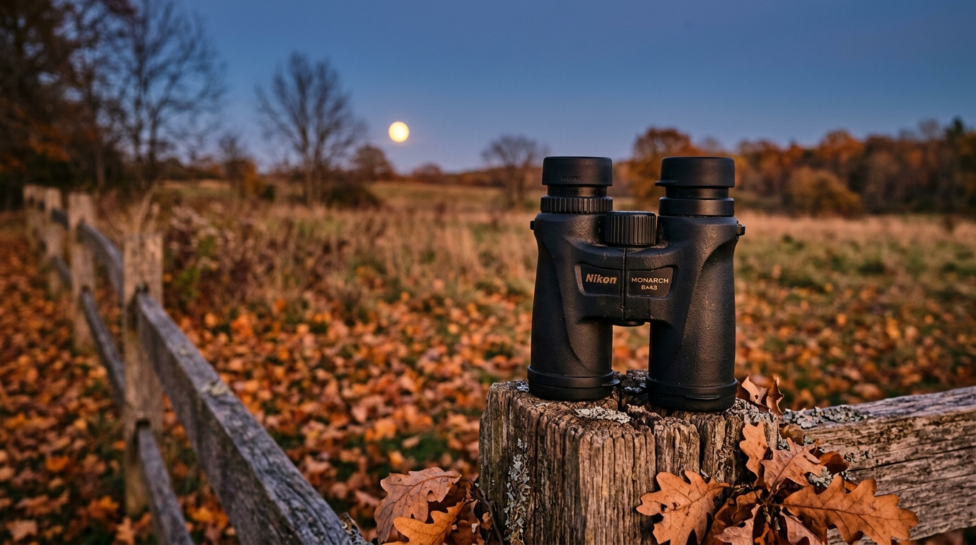 Jumelles posées sur une barrière en bois au crépuscule d'automne