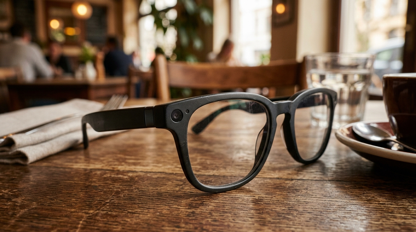 Lunettes connectées posées sur une table de café