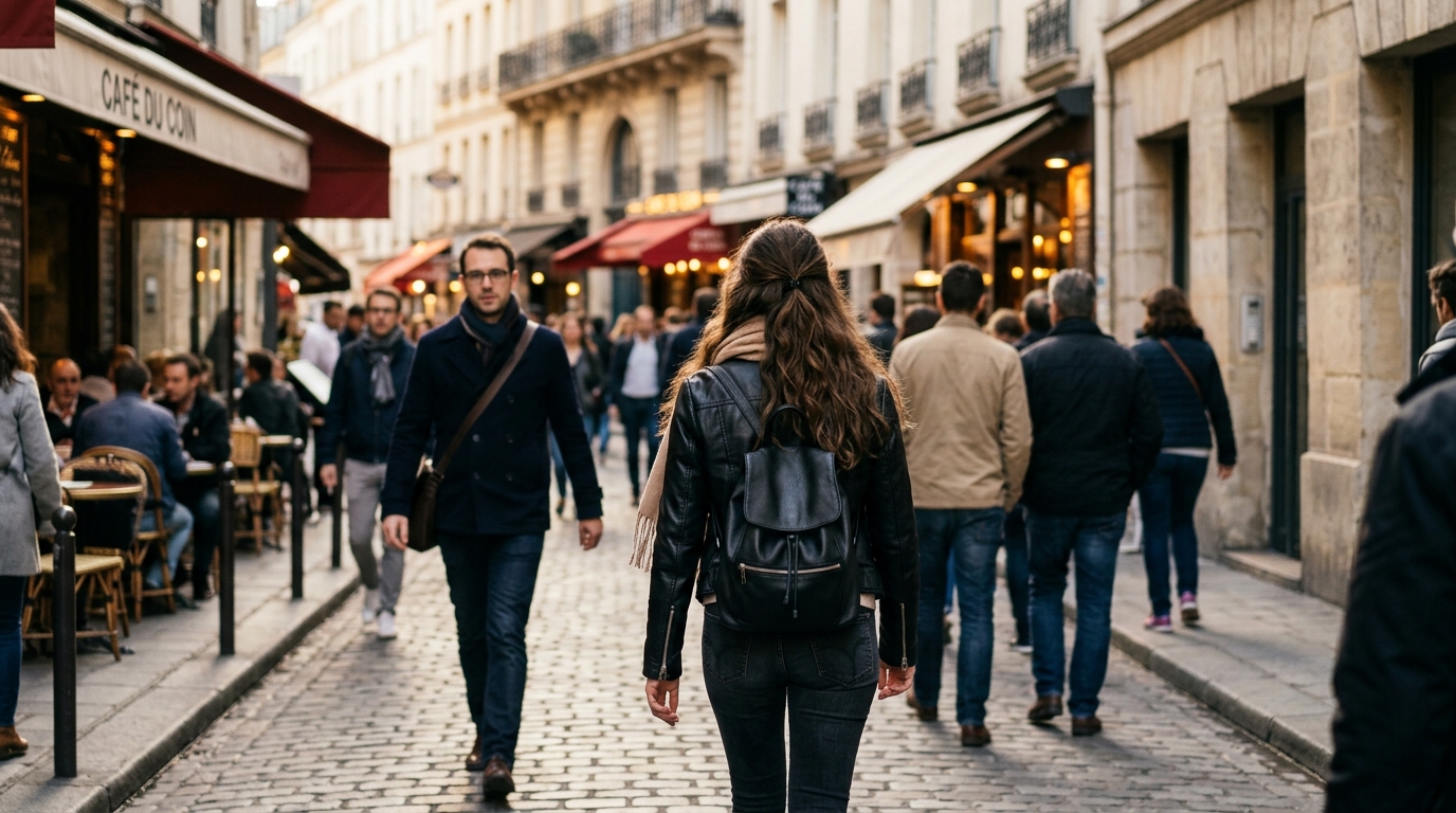 Jeune femme marchant dans une rue animée, silhouette floue derrière