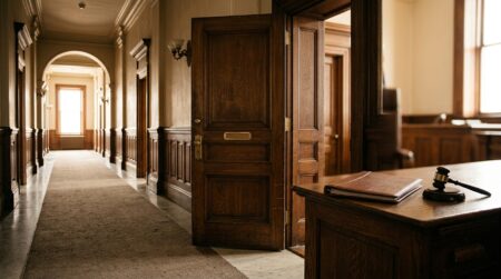 Couloir de tribunal avec dossier fermé et marteau de juge