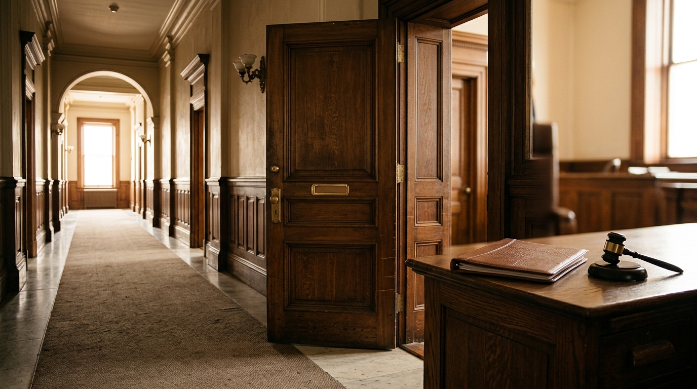 Couloir de tribunal avec dossier fermé et marteau de juge