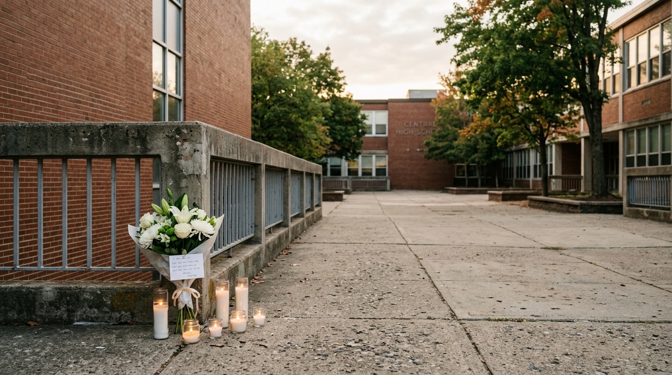 Fleurs et bougies déposées dans une cour de lycée vide