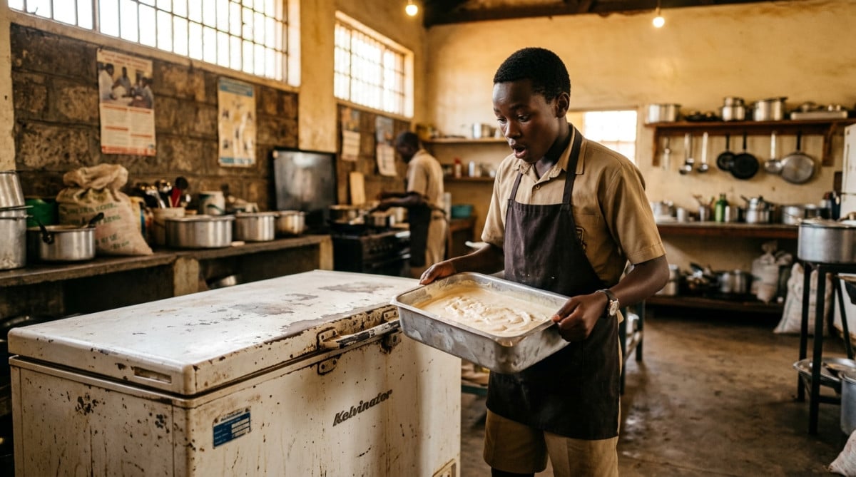 Lycéen tanzanien avec un mélange de glace au congélateur