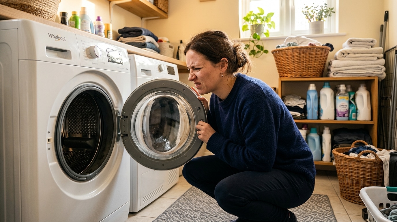 Femme dégoûtée par l'odeur de sa machine à laver