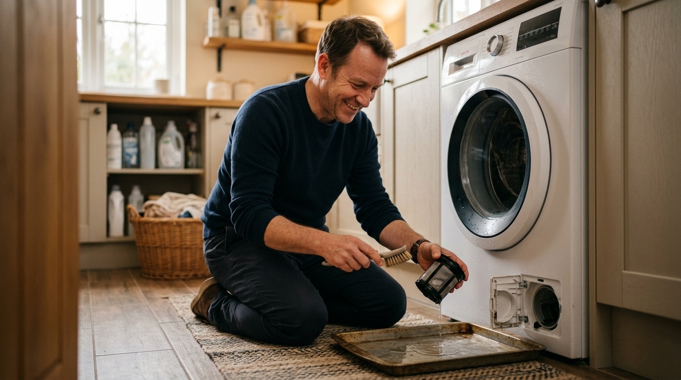 Homme nettoyant le filtre de vidange de son lave-linge