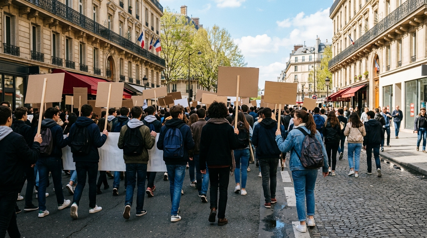 Jeunes manifestants défilant avec des pancartes dans une rue