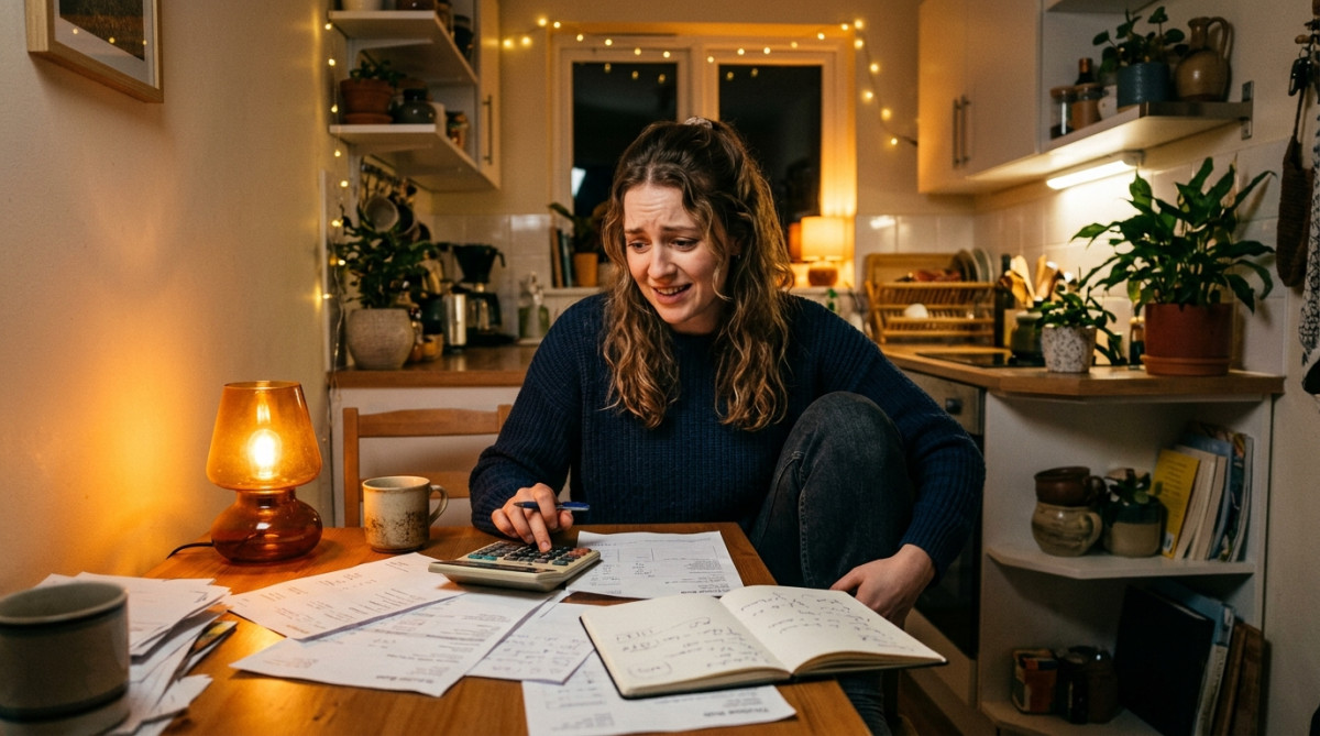 Maëlle examinant ses factures dans sa cuisine
