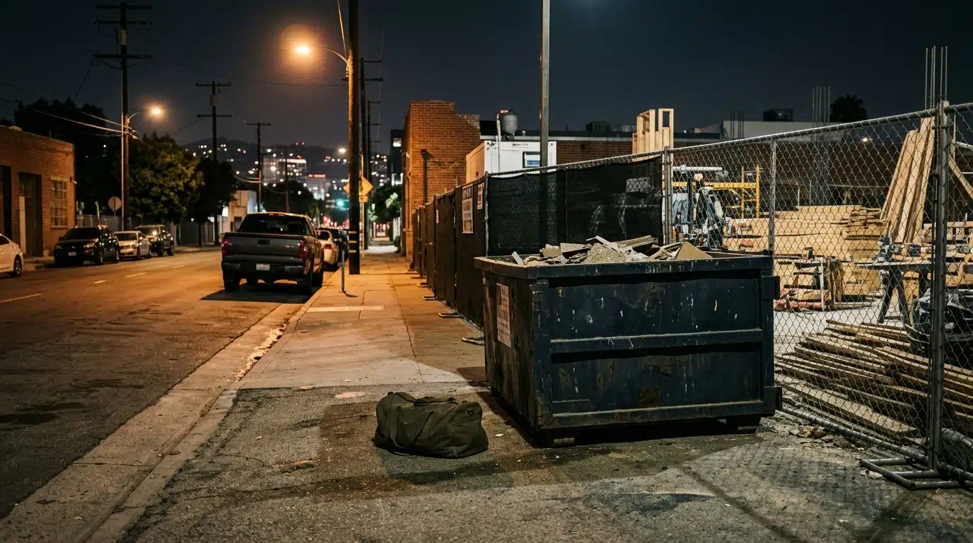 Benne près d'un chantier de nuit avec un sac fermé