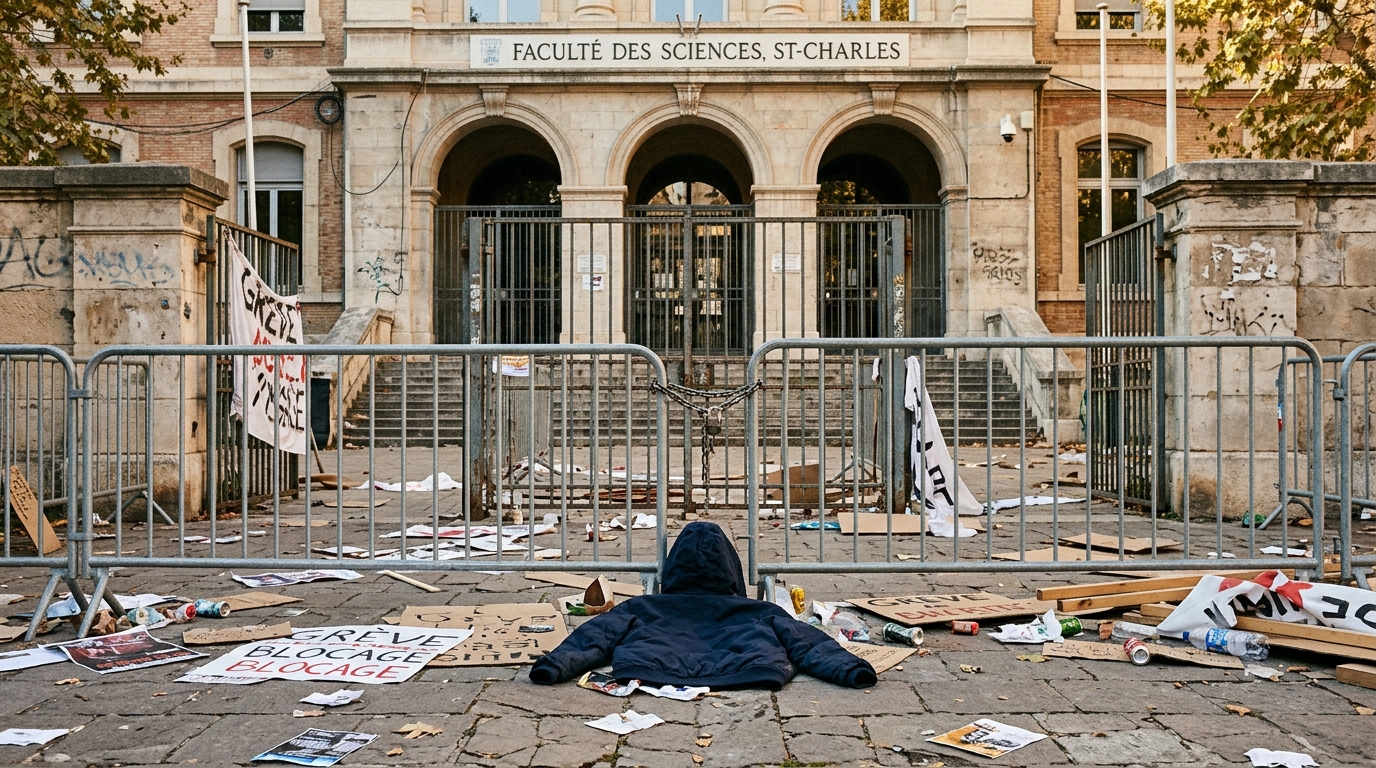 Entrée de lycée avec barrières et débris après un blocus
