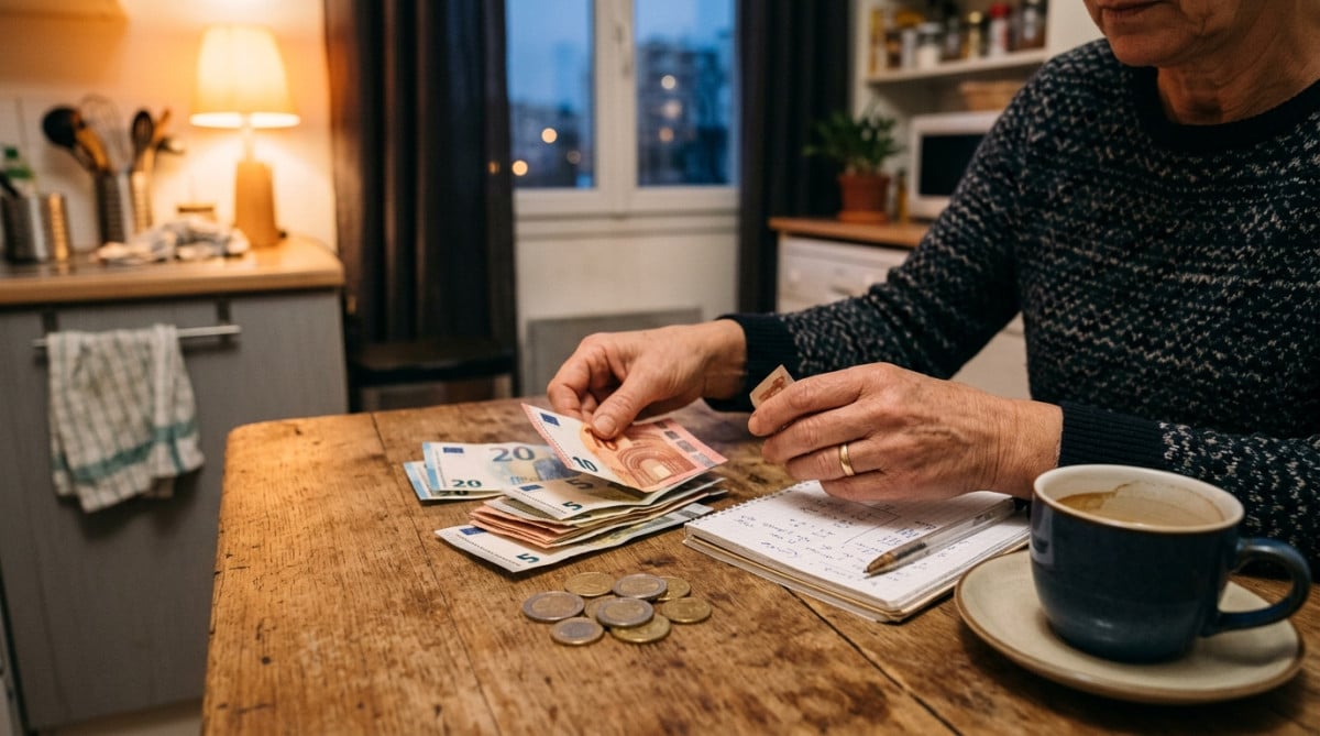Mains comptant des billets d'euros sur une table