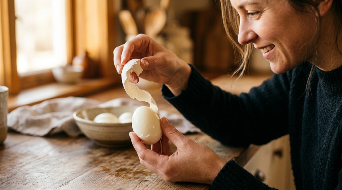 Mains écalant un œuf dur parfaitement lisse