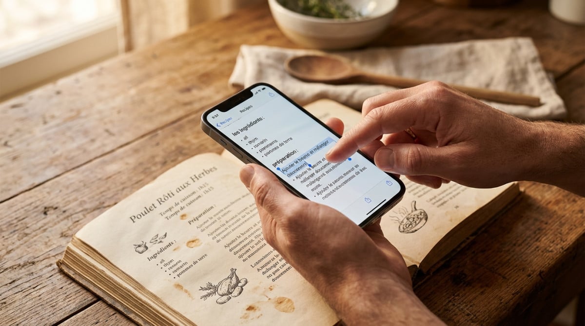 Mains sélectionnant du texte sur un iPhone au-dessus d'un livre