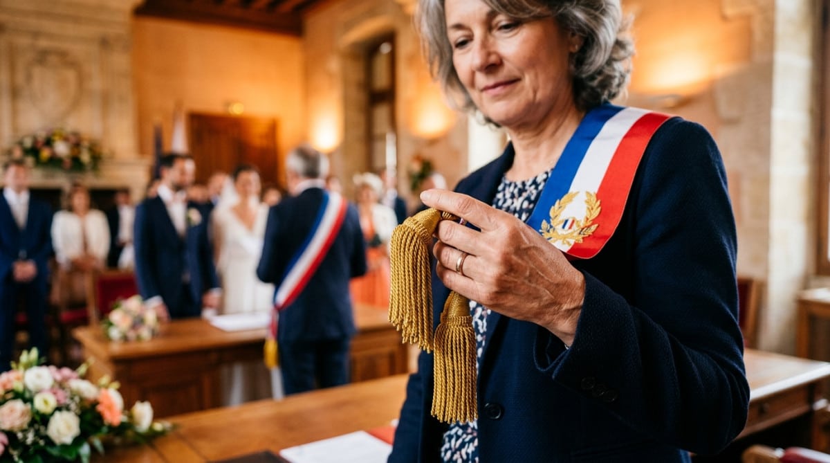 Mains tenant les franges dorées d'une écharpe tricolore lors d'un mariage