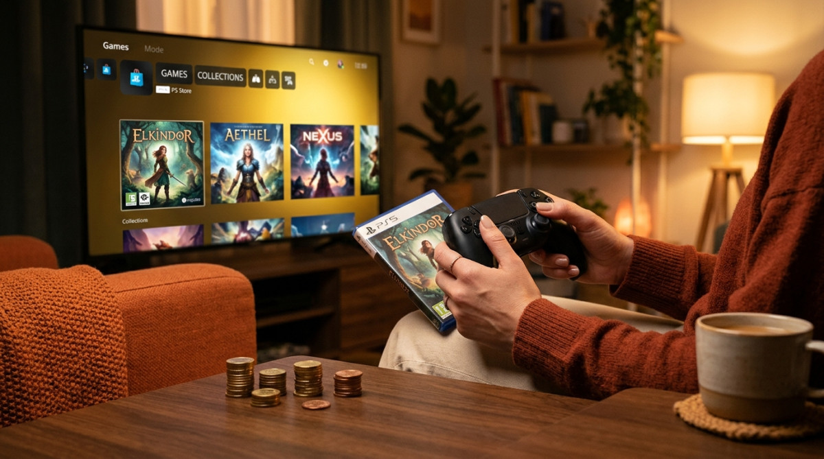 Mains tenant une manette devant une boutique de jeux