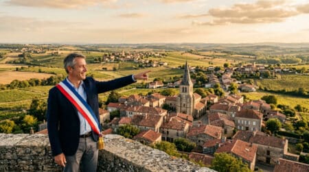 Maire en écharpe devant un petit village français