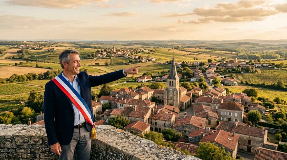 Maire en écharpe devant un petit village français