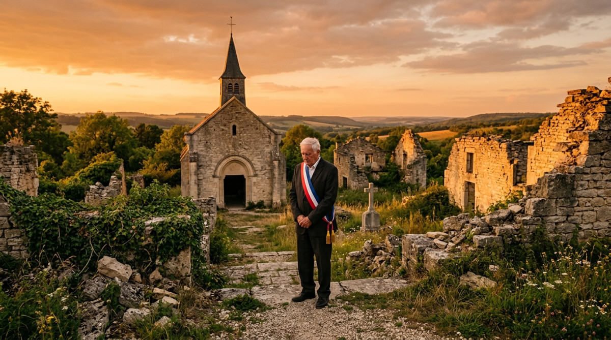 Maire pensif devant les ruines d'un village de Verdun