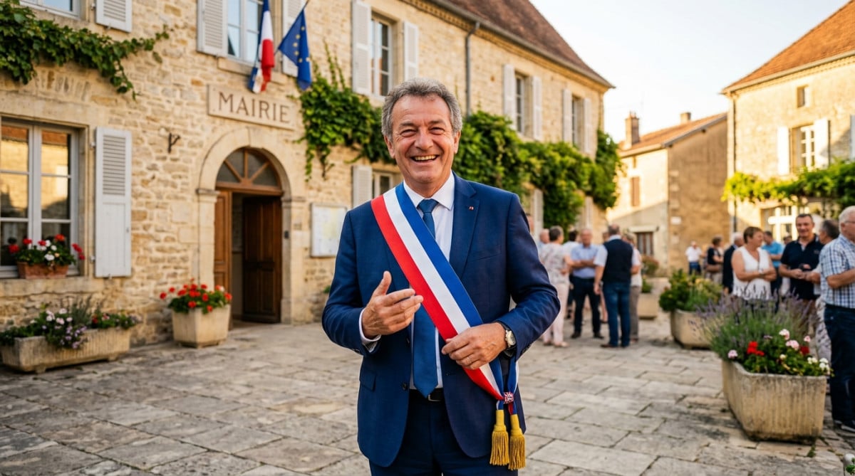 Maire souriant avec son écharpe tricolore devant la mairie