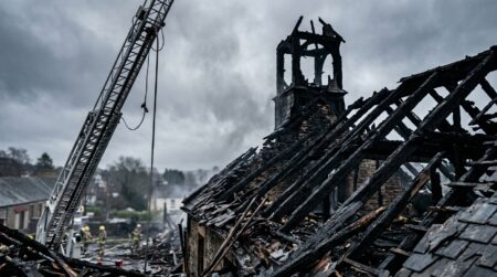 Charpente calcinée et beffroi effondré d'un hôtel de ville